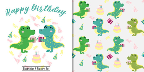 cute birthday alligator crocodilleanimal card seamless pattern set