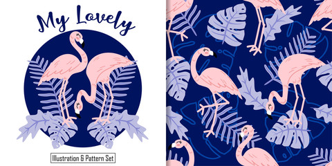 cute tropicla baby flamingo animal card seamless pattern set