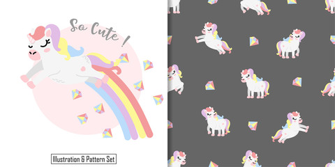 cute unicorn animal card seamless pattern set