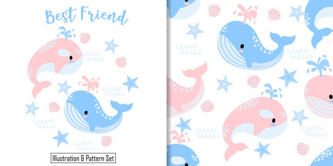 cute whale animal card seamless pattern set