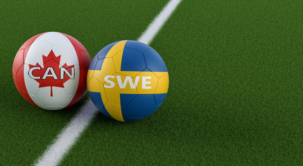 Sweden vs. Canada Soccer Match - Soccer balls in Sweden and Canada national colors on a soccer field. Copy space on the right side - 3D Rendering 