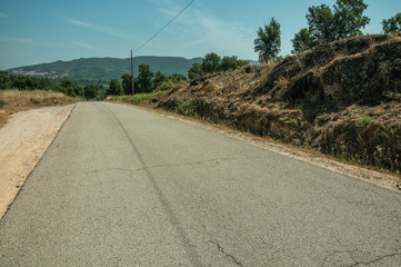 Countryside asphalt road next to small properties with trees