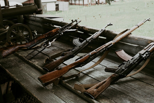 military training. the weapon is at the ready. machine guns, rifles, and machine guns. all different eras.