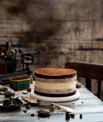 Homemade tasty oreo cake with cheesecake between biscuit chocolate layers and cream
