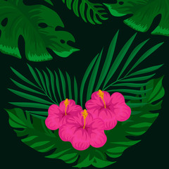 Fototapeta na wymiar Tropical set of leaves and flowers. Fashion design. Vector illustration.