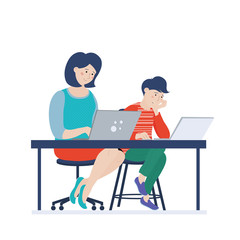Teenage boy and his mom sitting at the table and working on laptops, using computers, looking at the screen, vector illustration isolated on white background. Woman and boy, mom and son using computer