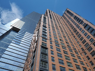 Fototapeta premium New York, NY, USA. Vertical view of skyscrapers at the High Line area. View from bottom to top