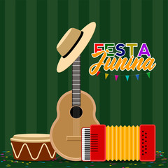 Festa junina poster with muscial instruments and hat. Brazilian festival - Vector