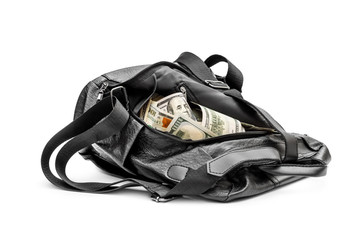 Full backpack of money on white background.