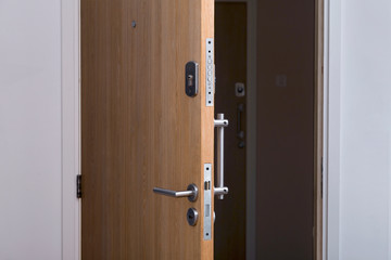 Security. Door of a family home. Close-up of the lock in an armored door in a department. Reinforced door.