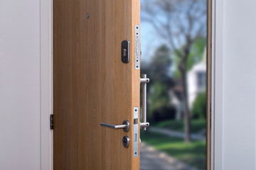 Security. Door of a family home. Close-up of the lock in an armored door in a house. Reinforced...