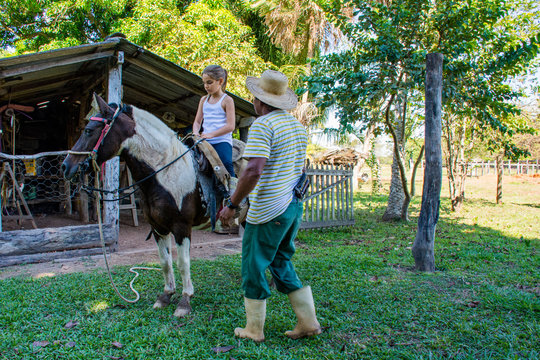 Criança menina cavalgando em fazenda interior