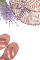 Summer fashion composition. Bouquet of purple lavender, women's summer straw hat and leather sandals isolated on white top view. Flat lay, copy space. Woman accessories from above. Vacation concept.