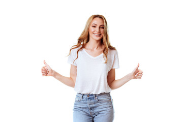 Obraz premium Headshot Portrait of happy ginger girl with freckles smiling looking at camera. White background.
