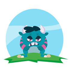 funny monster with horns in the field