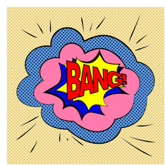 Expression bubble with bang on background with halftone dots. illustration, boom and sound effects BANG. Bubbles speech. Colored funny cloud font.
