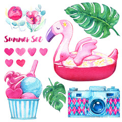 Summer ice cream tropics flamingo camera flowers hearts watercolor isolated set