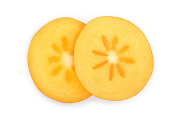 slice of Persimmon fruit isolated on white background close-up, Top view. Flat lay