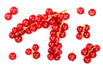 Red currant berry isolated on white background. Top view. Flat lay pattern