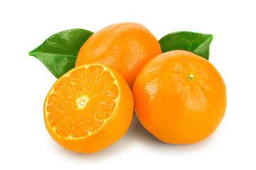 tangerine or mandarin fruit with leaves isolated on white background