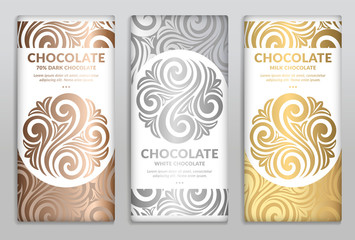 Silver and gold vintage set of chocolate bar packaging design. Vector luxury template with ornament elements. Can be used for background and wallpaper. Great for food and drink package types.