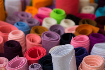 colorful felts in the box in the store for hobbies and hand made art collection.