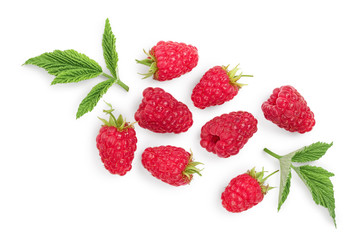 raspberries with leaves isolated on white background. Top view. Flat lay