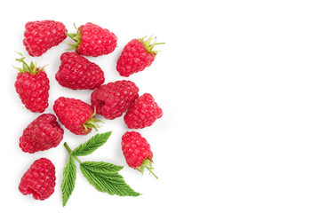 raspberries with leaves isolated on white background with copy space for your text. Top view. Flat lay pattern