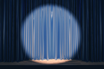 Blue stage with empty curtains