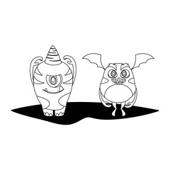 funny monsters couple comic characters monochrome