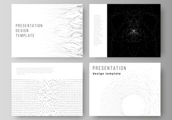 Fototapeta na wymiar The minimalistic abstract vector illustration layout of the presentation slides design business templates. Trendy modern science or technology background with dynamic particles. Cyberspace grid.