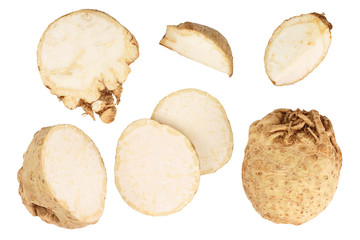 Fresh celery root isolated on white background. Top view. Flat lay. Set or collection