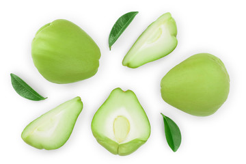 fresh Chayote vegetable isolated on white background. Top view. Flat lay