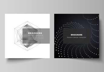 Minimal vector layout of two square format covers design templates for brochure, flyer, magazine. 3d polygonal geometric modern design abstract background. Science or technology vector illustration.