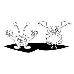 funny monsters couple comic characters monochrome