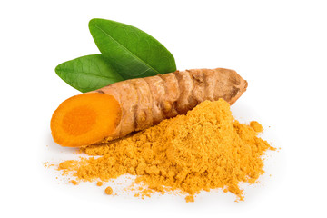 turmeric root and powder isolated on white background close up