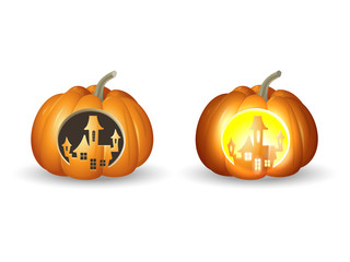 Halloween pumpkins Jack o lantern - carved castle shape with and without lights - vector illustration isolated on white background