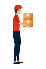 worker of delivery service lifting carton box