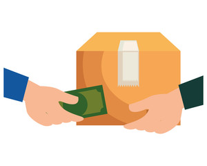 hands negotiating with box and money delivery service