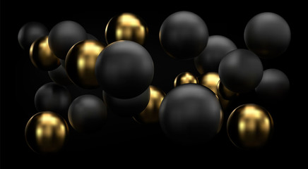 Golden and black abstract background with 3d spheres bubbles. Vector Christmas balls textured with gold. Jewelry cover concept. Horizontal banner. Decoration element for design.