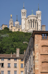 Fototapeta na wymiar View of the Basilica of Notre-Dame de Fourviere, Lyon, France.