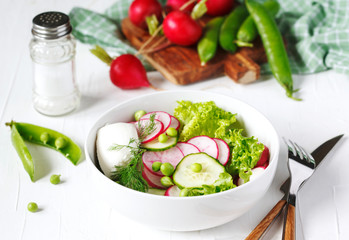 Spring vegetable salad with radish, cucumber and green peas