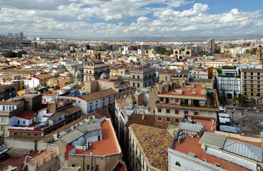 Fototapeta na wymiar VALENCIA, SPAIN: Over the roofs of Valencia, Spain. Aerial view of the historic cityscape from Valencia Cathedral.