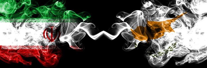 Iran vs Cyprus, Cyprian smoky mystic states flags placed side by side. Thick colored silky smokes flag combination of Iranian and Cyprus, Cyprian