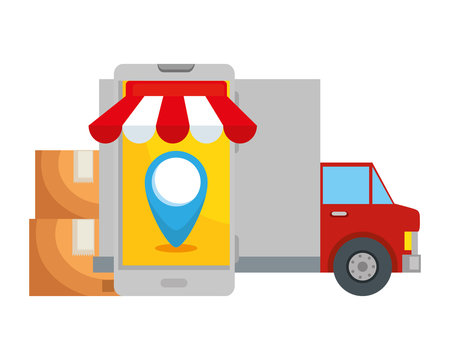 delivery service truck with smartphone and boxes