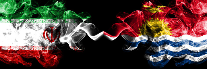 Iran vs Kiribati smoky mystic states flags placed side by side. Thick colored silky smokes flag combination of Iranian and Kiribati