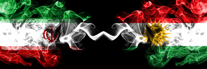 Iran vs Kurdistan, Kurdish smoky mystic states flags placed side by side. Thick colored silky smokes flag combination of Iranian and Kurdistan, Kurdish