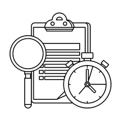checklist clipboard with chronometer and magnifying glass