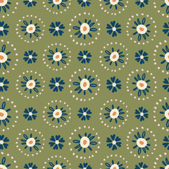 Pretty doodled flowers seamless pattern with dotted circle borders. Mint green with navy blue, tan and off white. Great for textiles, stationery items, scrapbooking paper and product packaging.