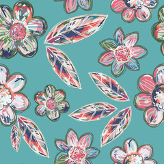 Decorative multicolor flowers seamless pattern rose pink, blue, purple and beige on a teal background. Variegated colors and line accents add a batik or linocut effect. Great for home decor, fashion.